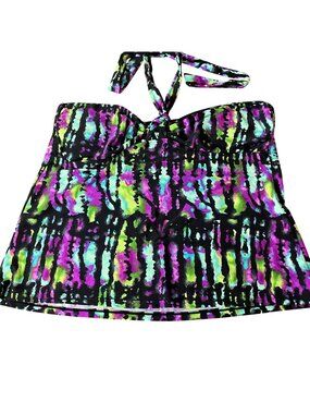 Island Escape Abstract‎ Tie Dye Halter Tankini Swim Top Sz 16 Built in Bra